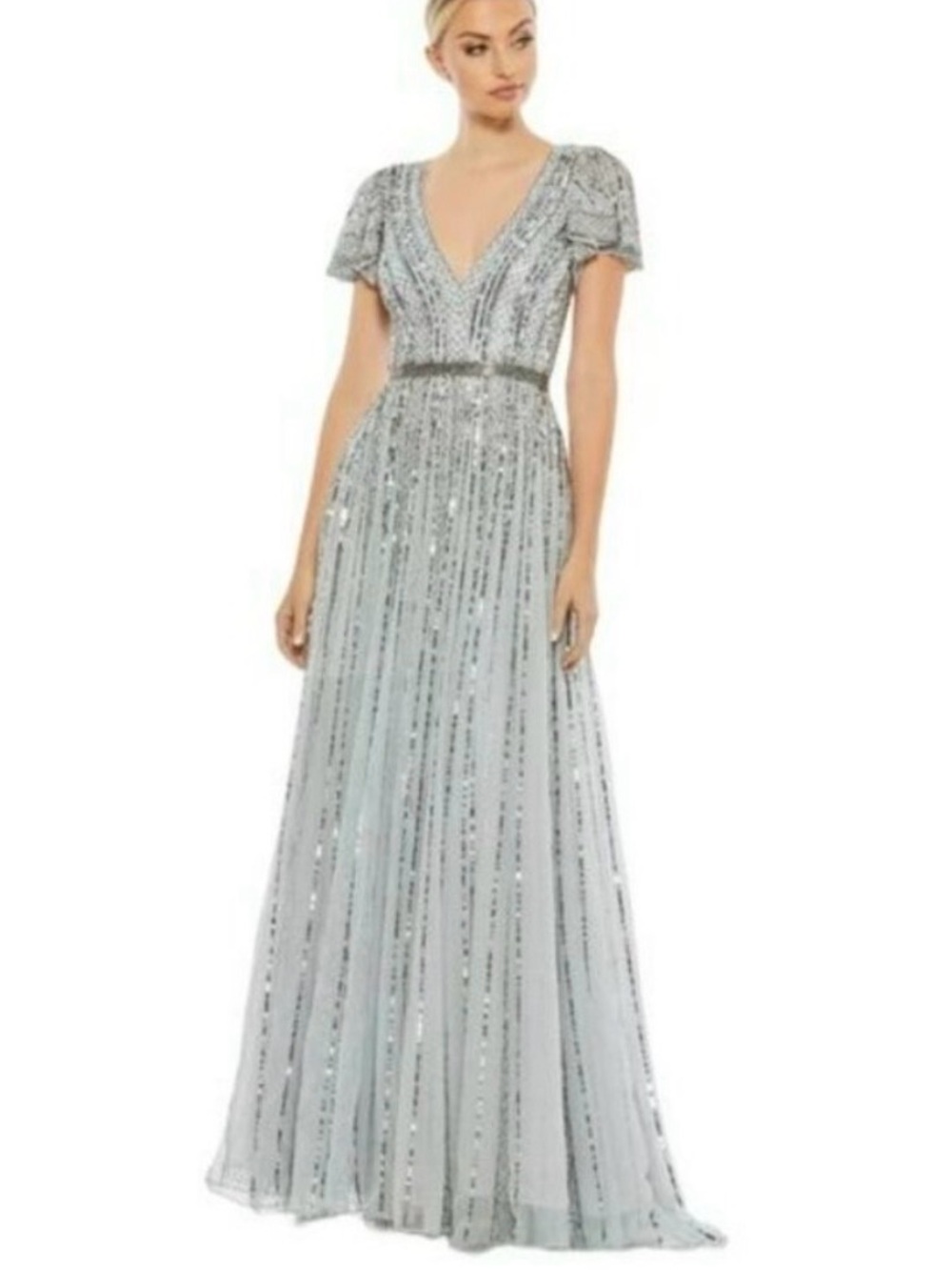 Mac Duggal Sequin Blue Flutter Sleeve Train Formal Gown Long Maxi Dress NWT 14